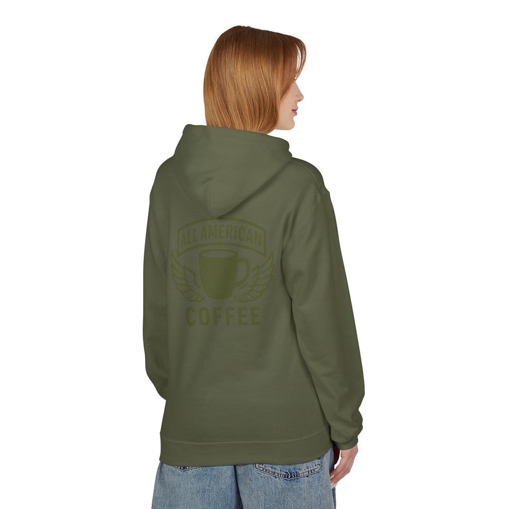 All American Coffee Hoodie — Winged Coffee Cup Graphic